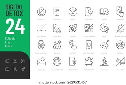 Digital Detox Line Editable Icons set. Vector illustration in modern thin line style of healthy lifestyle related icons: no phone, no computer, no social media, and more.