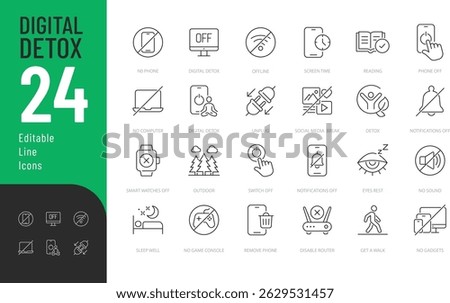 Digital Detox Line Editable Icons set. Vector illustration in modern thin line style of healthy lifestyle related icons: no phone, no computer, no social media, and more.