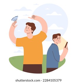 Digital detox. Male character taking a break from digital device enjoying a nature. Disconnected or turned off gadget. Ballanced life and mental health. Flat vector illustration