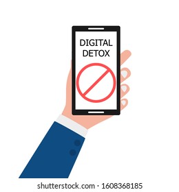 Digital detox. A male hand holds a smartphone with an inscription and a symbol of rejection of gadgets, devices, the Internet, communication on social networks. Flat vector illustration white back