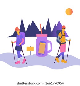  Digital detox. A man and a woman exit the smartphone. Girl and guy with trekking poles goes to the mountains.