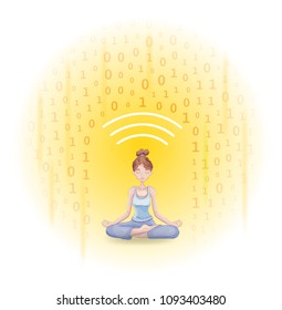 Digital detox and meditation. Meditating young woman protecting herself from shower of information. Flat vector illustration.