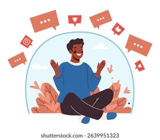 Digital detox and mindfulness. Young man meditating inside bubble without social media and gadgets. Cartoon character spend time without device outdoors. Internet, phone addiction. Vector illustration