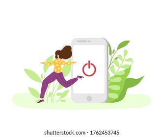 Digital detox - miniature happy girl is going out from huge mobile phone. Woman on natural landscape. Freedom from phones, social media and internet. Relax and disconnect gadgets concept - vector