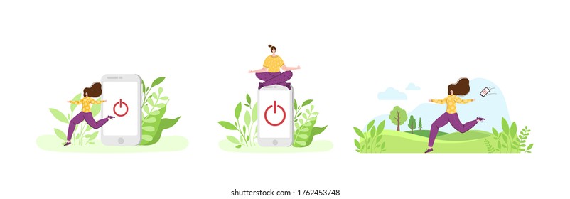 Digital detox - miniature happy girl is going out from huge mobile phone. Woman on natural landscape. Freedom from phones, social media and internet. Relax and disconnect gadgets concept - vector set