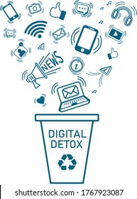 Digital detox. Modern trendy flat digital and information icons going into a garbage basket. Digital addiction problem and solution. Vector illustration isolated on white background. 