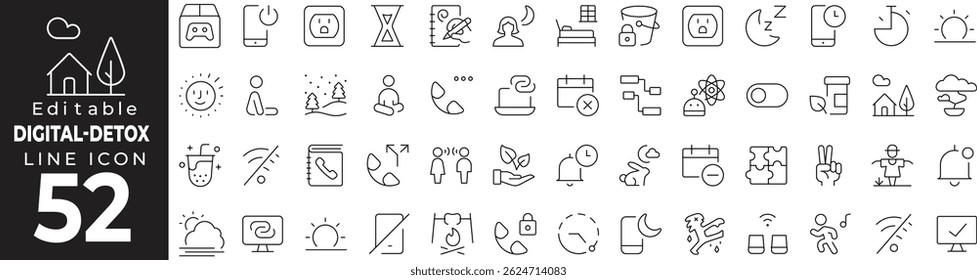Digital Detox and Nomad Lifestyle Thin Line Icon Set – Minimalism, Travel, Wellness