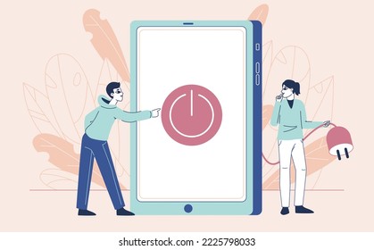 Digital detox, people gadgets disconnecting. Relaxed characters unplugging smartphone and laptop, social media resting flat vector illustration. Gadgets prohibition concept