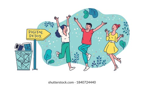 Digital detox problem banner template with young people cheerful to break free of gadget and internet addiction, sketch vector illustration isolated on white background.