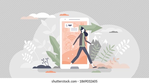 Digital detox as quit from phone or internet to relax tiny person concept. Exit from cyberspace and walking away from technologies vector illustration. Stop using computers and escape from habit scene