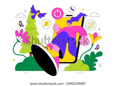 Digital Detox Retreat Illustration Featuring Turning Off Smartphones While Practicing Mindfulness, Reducing Screen Time, And Enjoying Tech Free Zones