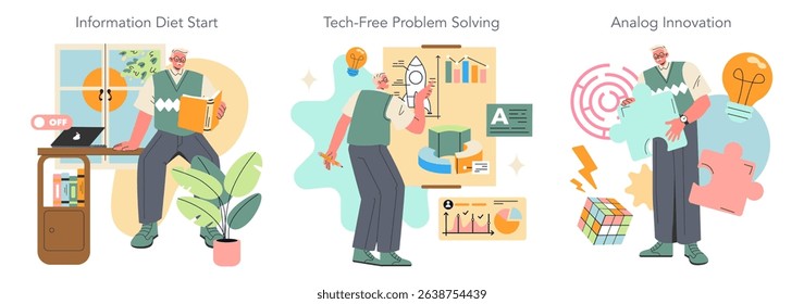 Digital Detox series. Elderly man engaging in activities like reading and using analog tools instead of digital devices, promoting mental health and creativity.