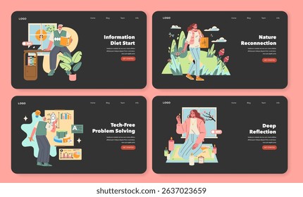 Digital Detox series illustrating the benefits of reducing screen time with themes like information diet, nature reconnection, tech-free problem solving, and deep reflection.