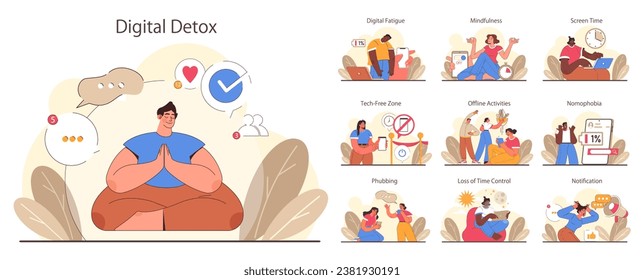 Juego de desintoxicación digital. Caracteres que practican la atención, reducen el tiempo de pantalla y disfrutan de zonas libres de tecnología. Desconectado o desactivado el gadget. Vida equilibrada y salud mental. Ilustración vectorial plana