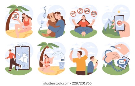 Digital detox set. Characters taking a break from digital devices. Disconnected or turned off gadget. Ballanced life and mental health. Flat vector illustration