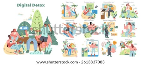 Digital Detox set. A colorful exploration of different strategies to reduce technology use, from nature reconnection to offline productivity. Vector illustration.
