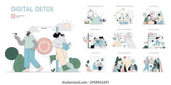 Digital Detox set. Embracing life beyond screens with mindful activities. Screen time reduction, disconnected leisure, present living. Vector illustration.