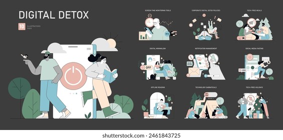Digital Detox set. Embracing life without digital devices through various mindful activities. Unplugging, offline relaxation, tech-free interactions. Vector illustration.