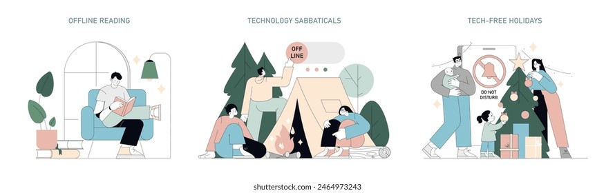 Digital Detox set. Escaping technology through offline reading, nature retreats, tech-free family holidays. Moments of serene disconnection. Vector illustration.