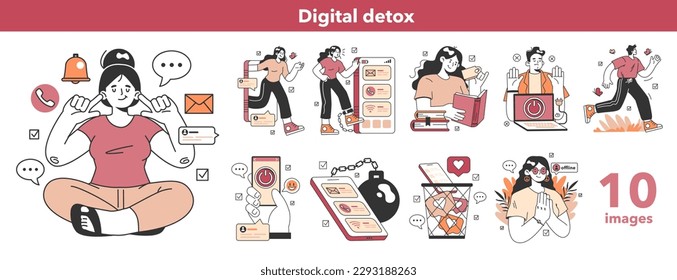 Digital detox set. Female and male haracter taking a break from digital device. Disconnected or turned off gadget. Ballanced life and mental health. Flat vector illustration