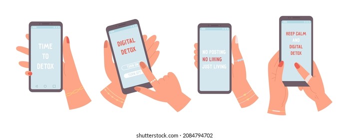 Digital detox set. Hands holding smartphones with text on screen