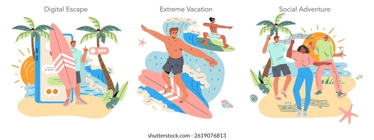 Digital Detox set. Illustration depicting people enjoying a tech-free vacation, engaged in surfing and social interactions on a tropical beach setting.