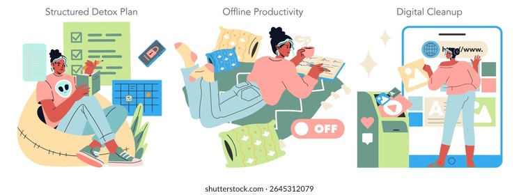 Conjunto de Desintoxicação Digital. Ilustração de pessoas envolvidas em planos estruturados de desintoxicação, desfrutando da produtividade off-line e realizando atividades de limpeza digital. Ilustração vetorial.