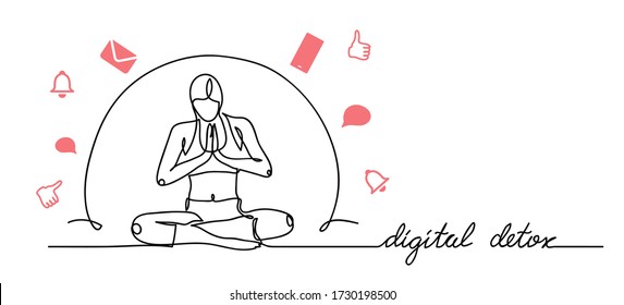Digital detox simple vector illustration, web banner, background. Woman sits in yoga relaxing pose under the dome protection from gadgets and social medias. One continuous line drawing illustration.