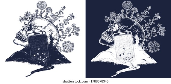 Digital detox. Skull and mobile phone tattoo. Life and death, consumer society. Psychological problems, senseless life. Dependence on social networks. Tattoo and t-shirt design. Black and white vector