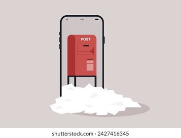 Digital Detox - Smartphone Overflowing With Unread mails, the overwhelming sensation of digital communication overload, symbolized by a mobile phone expelling a cascade of paper emails