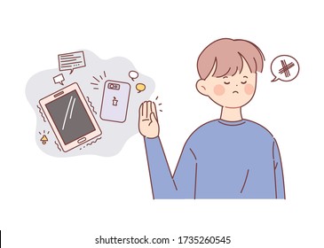 Desintoxicación digital, desintoxicación por smartphone. Apague el smartphone y la tablet. El hombre da un gesto para negarse.