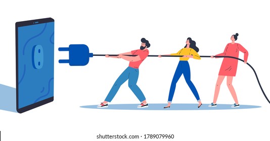 Digital Detox, Social media detox concept illustration in flat style.Young women and men disconnecting and doing a digital detox, they are unplugging the phone and being offline.Vector illustration