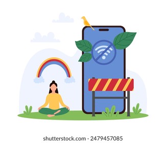 Digital detox, social media retreat and freedom from internet addiction. Tiny woman sitting in lotus pose with rainbow in thoughts, stop barrier, wifi disconnect on phone cartoon vector illustration