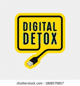 Diseño de pegatinas de desintoxicación digital. Texto con efecto de fallo y conector usb en estilo isométrico