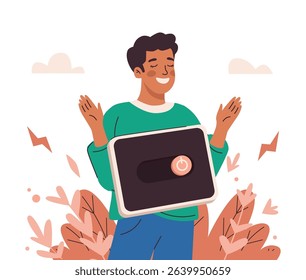 Digital detox and taking break from gadgets. Young man switch off tablet and drop it. Cartoon character disconnecting devices and spend time outdoors. Internet and phone addiction. Vector illustration - Powered by Shutterstock - Get 15% off with code: PIKWIZARD15