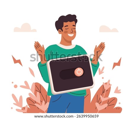 Digital detox and taking break from gadgets. Young man switch off tablet and drop it. Cartoon character disconnecting devices and spend time outdoors. Internet and phone addiction. Vector illustration