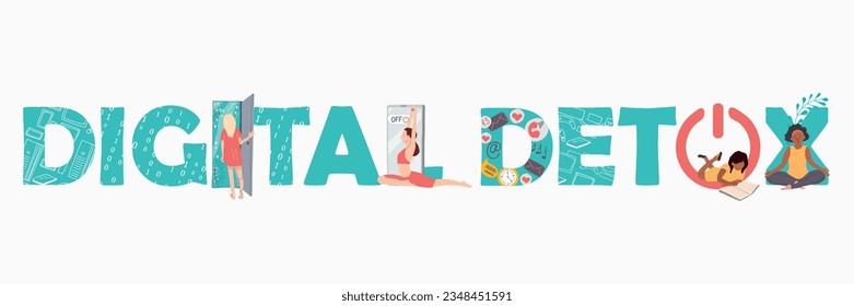Digital detox text banner with flat human characters disconnecting from phones and doing yoga reading meditating walking vector illustration