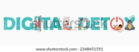 Digital detox text banner with flat human characters disconnecting from phones and doing yoga reading meditating walking vector illustration