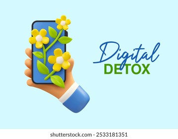 Digital detox vector 3d icon. Cartoon hand holding smartphone with growing flowers. Social media addiction disconnect.