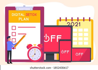 Concepto vector Digital Detox: Hombre escribiendo plan Digital Detox en el portapapeles con teléfono móvil desactivado, tablet y monitor en segundo plano