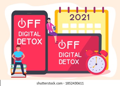Digital Detox vector concept: People doing a digital detox by turn off their mobile phone and reading books with 2021 new year calendar background