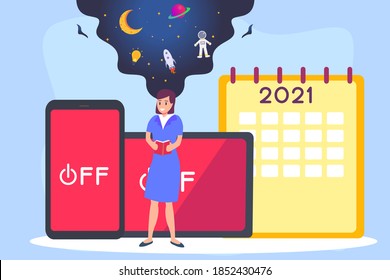 Digital Detox vector concept: Woman doing a digital detox by reading book with turned off mobile phone and tablet background