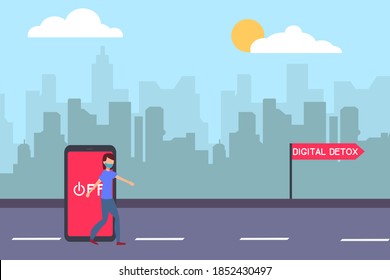 Digital Detox vector concept: Woman in face mask coming out from turned off mobile phone and walking toward Digital Detox text