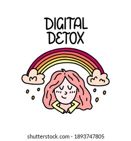 Digital detox - vector doodle with woman and hand lettering. Digital detox, mental health. Vector template for card, postcard, banner, poster, sticker and social media