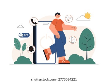 Digital Detox Vector Illustration Featuring Screen Time Reduction, Offline Lifestyle, Smartphone Disconnection, Relaxation, Outdoor Activity Design