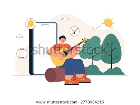 Digital Detox Vector Illustration Featuring Screen Time Reduction, Offline Lifestyle, Smartphone Disconnection, Relaxation, Outdoor Activity Design
