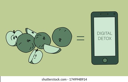 Digital detox vector  illustration. Pieces of apples and mobile phone. Enjoy life without gadgets. Monochrom green color