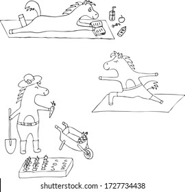 Digital detox vector set infographic in cartoon style. Cute pony has a sunbath, read book, 
 does yoga and havests in the garden. 