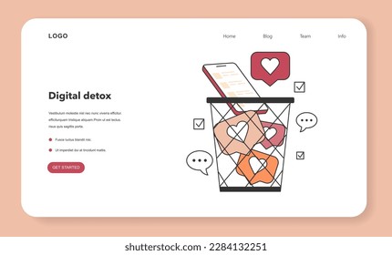 Digital detox web banner or landing page. Character taking a break from digital device. Disconnected or turned off gadget. Ballanced life and mental health. Flat vector illustration