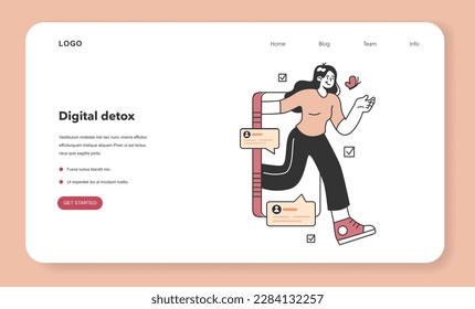 Banner web de desintoxicación digital o página de inicio. Personaje femenino tomando un descanso de los dispositivos digitales. Mujer feliz saliendo de la pantalla del teléfono. Vida equilibrada y salud mental. Ilustración vectorial plana